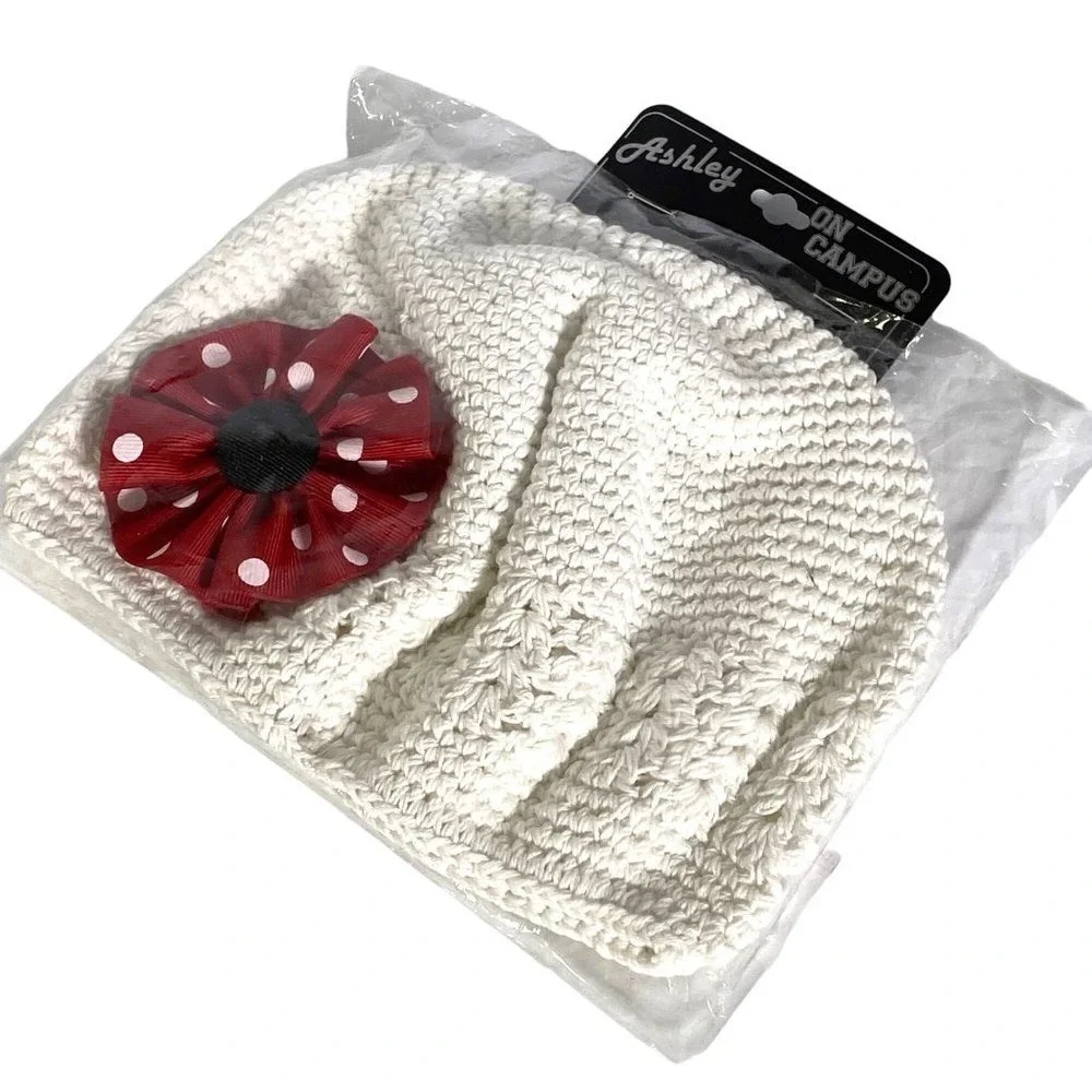 My‎ Lello Hat Handmade Beanie Little Girl Crochet White Kufi Flower New